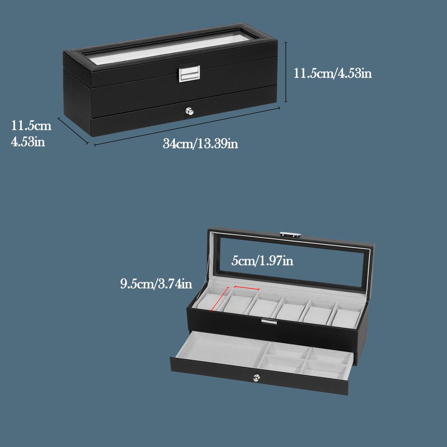 GLOBAL KA Watch Box for Men 6 Slot,Double Layer Mens Watch Case Display Organizer with Real Glass Top,Large Holder for 50mm Watches,PU Leather Jewelry Drawer Storage Valet Tray for Men,Black