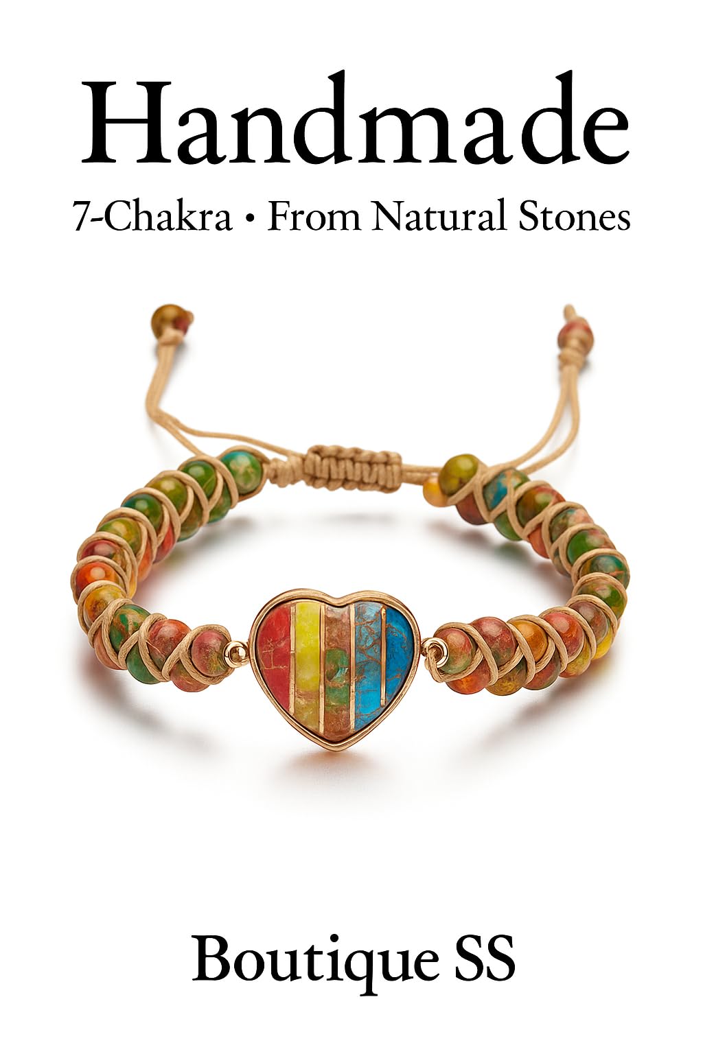 "SS Boutique" 7 Chakra Healing Heart Gemstone Bracelet – Handmade Natural Stone Wrap for Meditation, Energy, Spiritual Protection, and Mental Health Balance – 1 Strand 1 Piece Leather Bracelet