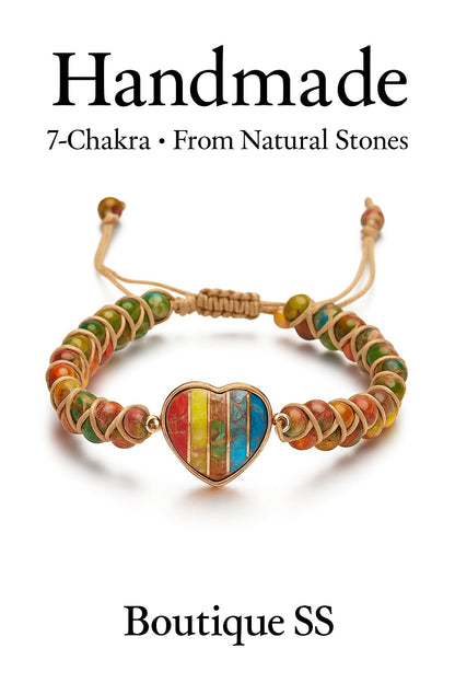 "SS Boutique" 7 Chakra Healing Heart Gemstone Bracelet – Handmade Natural Stone Wrap for Meditation, Energy, Spiritual Protection, and Mental Health Balance – 1 Strand 1 Piece Leather Bracelet