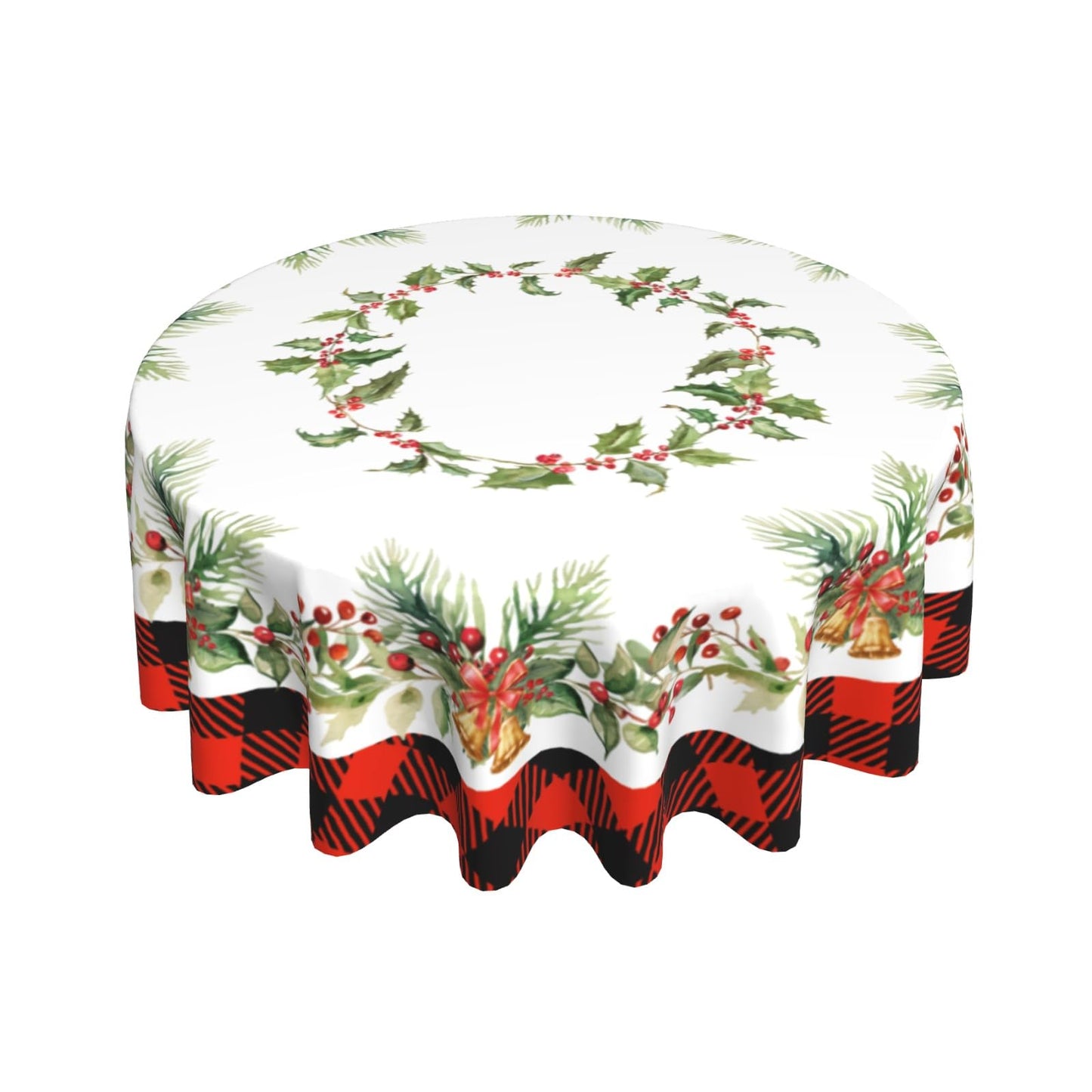 Giwawa Christmas Round Tablecloth for Kitchen Dining, 60Inch Xmas Holly Berries Bells Bows Table Cloth, Red Black Buffalo Plaids Non-Slip Table Cover for Holiday Picnic Tabletop Decor
