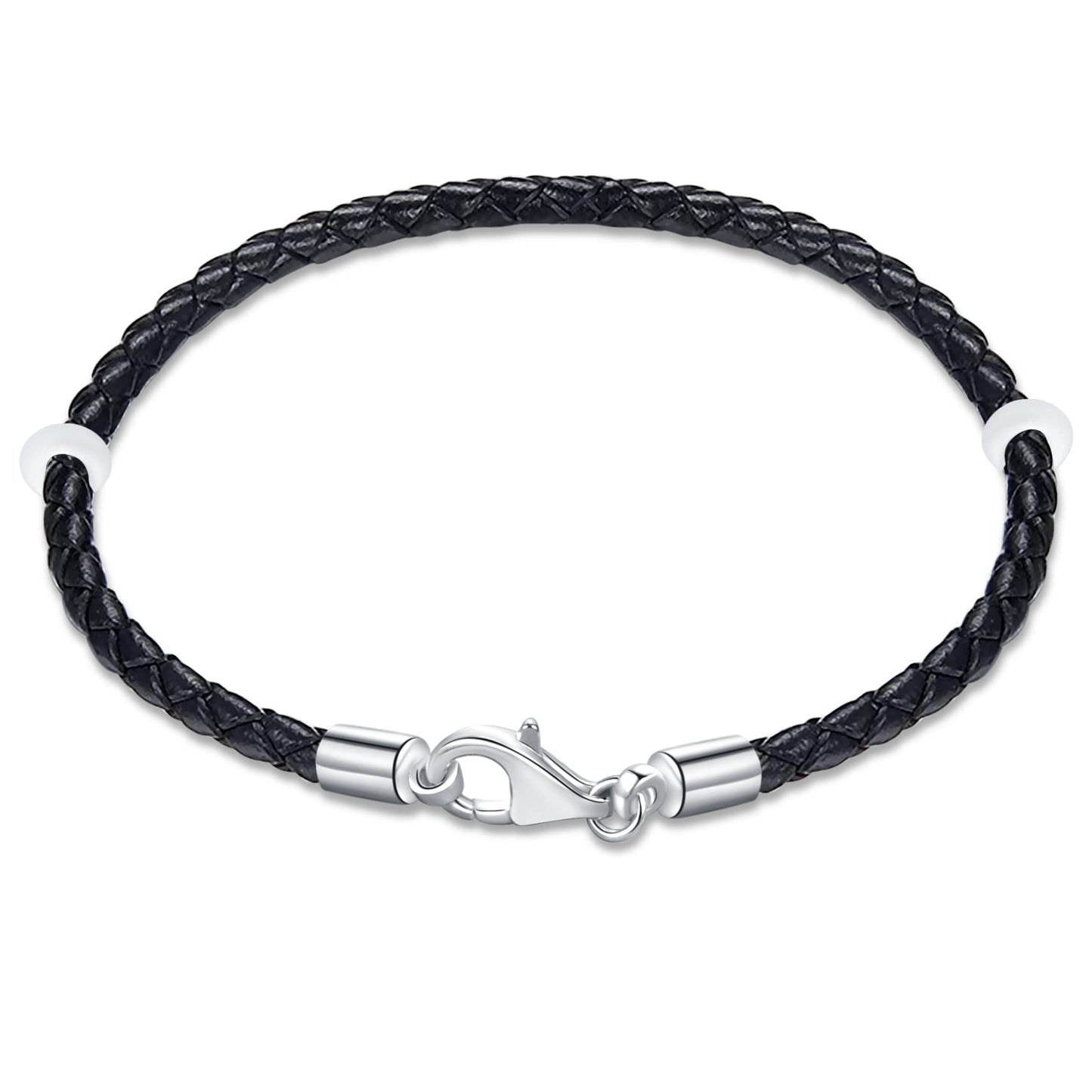19cm Black Braided Leather Rope Bracelet with 925 Silver Lobster Claw Clasp, Handmade Woven Leather Bracelet fit Pandora Charms Beads, for Valentines Day Making Beads Bracelet Bangle