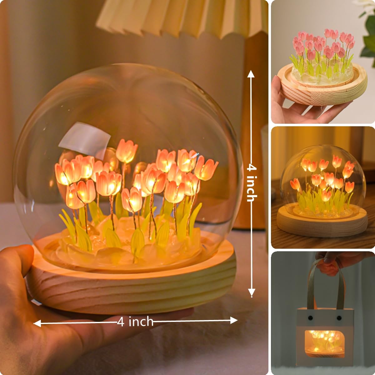 WULCFCH Tulip Lamp Night Light, Mothers Day Gifts for Mom, Cute Tulips Lamp in Glass Dome, Artificial Flower Lamp for Handmade Home Room Decor, Birthday Gifts for Women Girlfriend Sister Grandma Wife