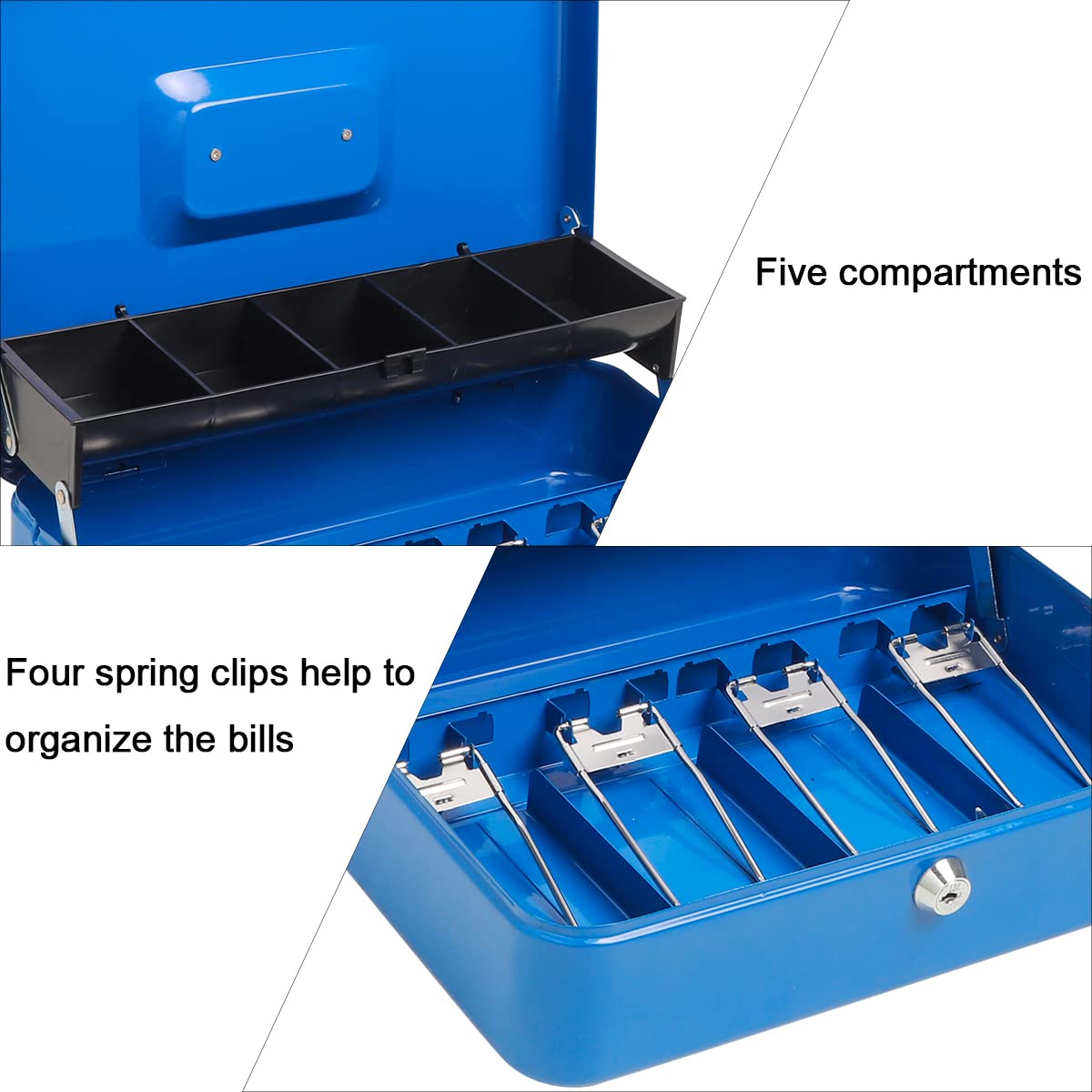 Parrency Cash Box with Key Lock，Durable Metal Cash Box with Money Tray，Lock Box Safe Storage Security Locker，Blue
