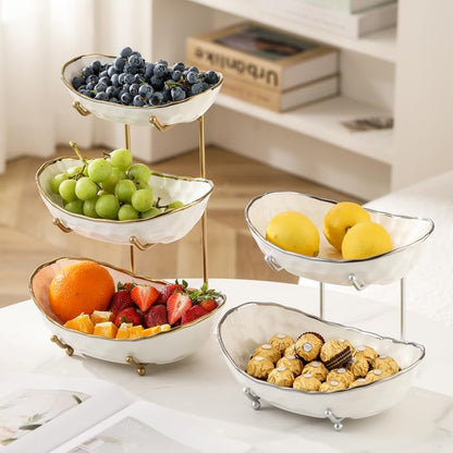 jessie 2 Tier Ceramic Fruit Bowl for Kitchen Counter with Metal Rack, Fruit Basket with Stand, Porcelain Bowls for Vegetable Bread Candy Snack Nuts Dessert Cake Tray (Gold 2 layer)