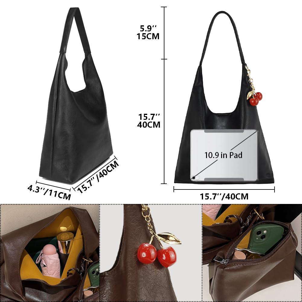 SongKedora Vegan Hobo Bag Cherry Leather Shoulder Purse Slouchy Designer Crossbody Bag for Women Retro Tote Handbag (Coffee)