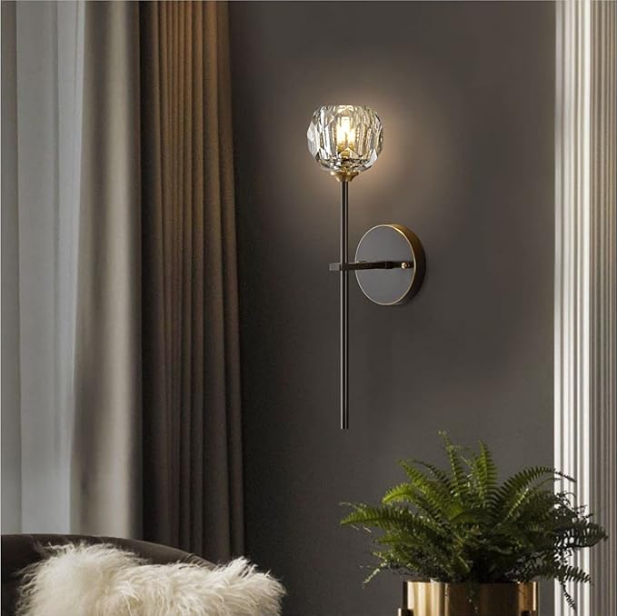 BOKT Postmodern K9 Crystal Wall Lamp Simple Modern Creative Wall Sconces Black Finish Plus Long Diamond Wall Lighting Fixtures for Living Room Dining Room Corridor Bedroom (1Pack)