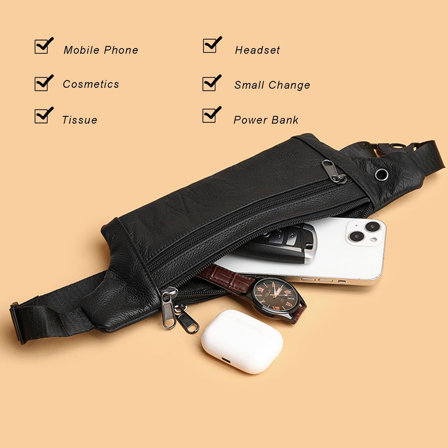 YRMLYMOP Leather Belt Bag,Black Belt Bag Mens Fanny Pack Crossbody 3-Zipper Pockets Phone Bag Fits All Phones Wallet Keys, Casual Hands-Free Waist Pack For Travel Workout Running Gifts