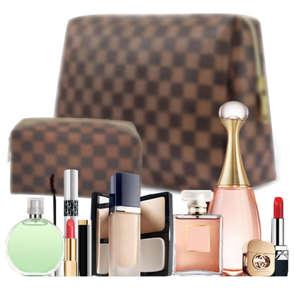 BAGMIND Checkered Makeup Bag Set for Women, 2PCS PU Leather Cosmetic Bag, Large Travel Toiletry Organizer with Small Zipper Pouch, Water-Resistant Makeup Bag for Travel