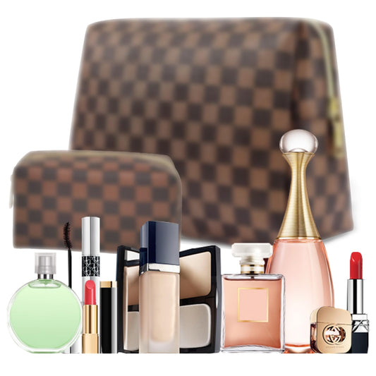 BAGMIND Checkered Makeup Bag Set for Women, 2PCS PU Leather Cosmetic Bag, Large Travel Toiletry Organizer with Small Zipper Pouch, Water-Resistant Makeup Bag for Travel