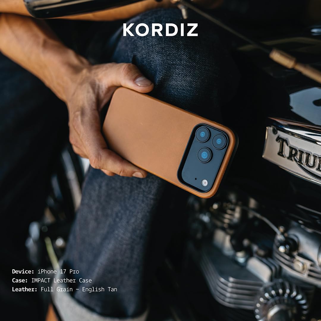 KORDIZ Impact Leather Case for iPhone 17 Pro – Full-Grain Leather MagSafe Case with Camera Control Button – 360° Shockproof Bumper – Rugged Patina-Ready Protection – Slim Grip Cover (English Tan)
