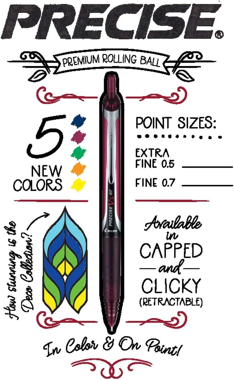 Advantage Gifts Precise V7 RT Retractable Rolling Ball Pens, Fine Point (.7mm), Black Ink, 6-pk; Premium Comfort Grip, Bundle with Plastic Reusable Pouch