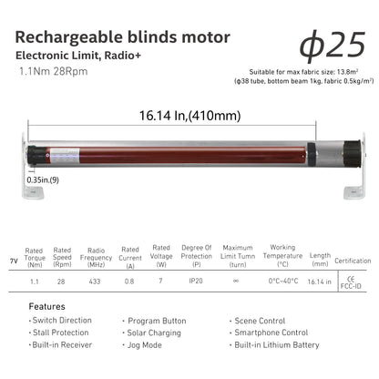 Rollerhouse Rechargeable Wireless Tubular Roller Shade Motor Kit, with Remote Control for Motorized Electric Roller Blind Shades, 1.5 inch Tube