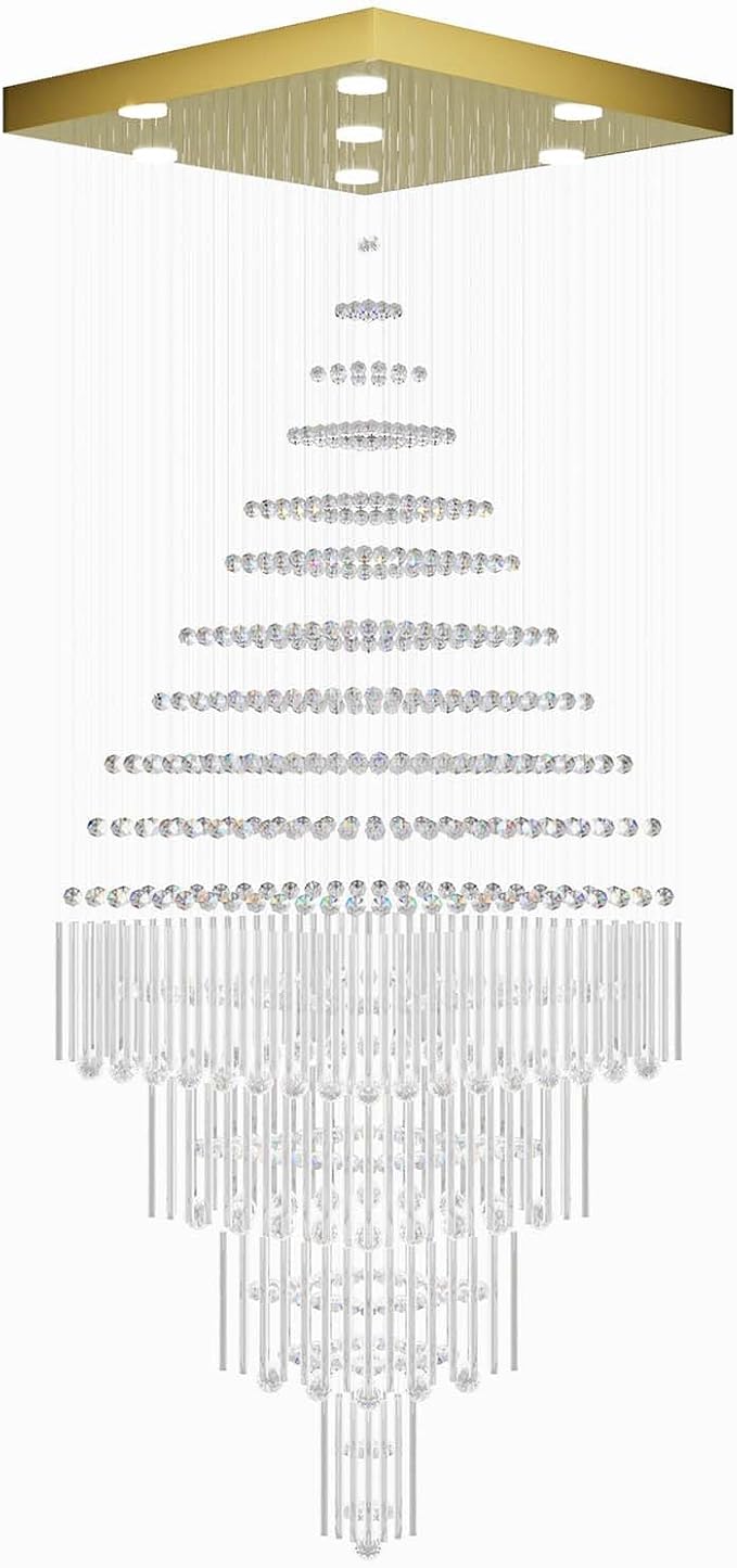 Flashing God D32''X H110'' Extra Large Chandeliers for High Ceilings Square Crystal Raindrop Gold Chandeliers Large Villa Chandelier Entrance Foyer Ceiling Light LED Dimmable 2700K-6000K