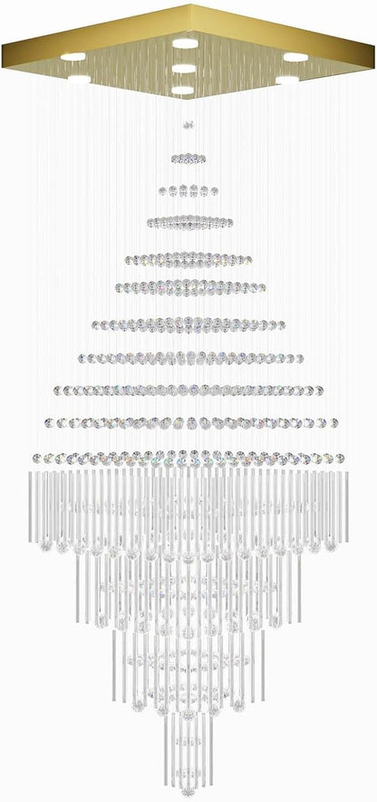 Flashing God D32''X H110'' Extra Large Chandeliers for High Ceilings Square Crystal Raindrop Gold Chandeliers Large Villa Chandelier Entrance Foyer Ceiling Light LED Dimmable 2700K-6000K