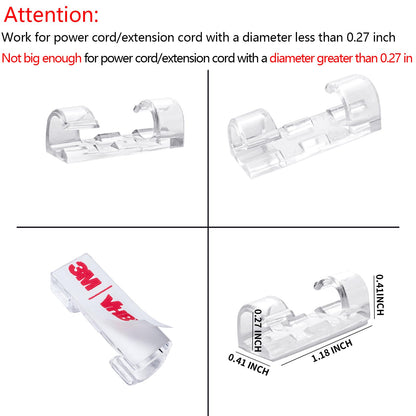Self-Adhesive Cable Clips Organizer Drop Wire Holder Cord Management, Max Fitting Cable Diameter 0.27 inch, Pack of 20, Transparent