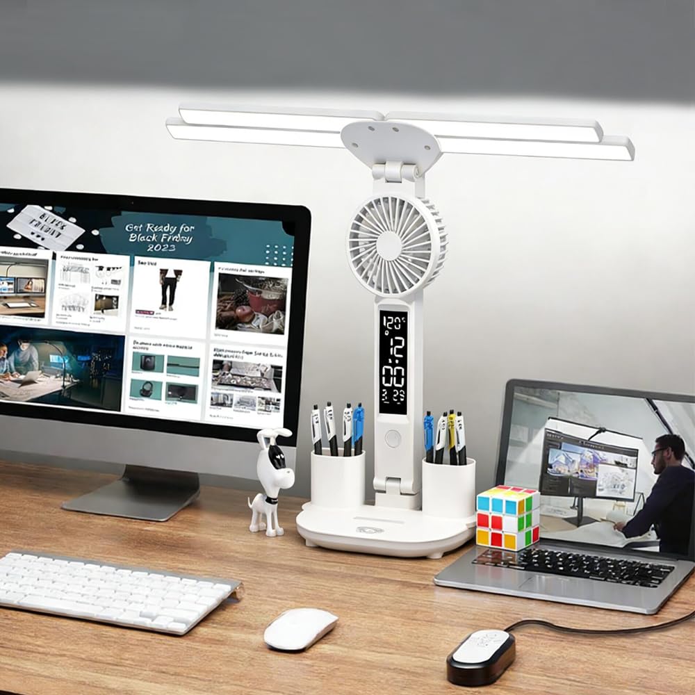 niccryle Led Desk Lamp with Fan Study Light with Clock, Adjustable Foldable Table Lamp with Pen Holder, 3 Brightness Levels, USB Charging Port