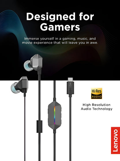 Lenovo Legion RGB Gaming in-Ear Headphones with USB-C E510-7.1 Surround Sound, Hi-Res Audio, in-Line Controller with RGB Lights - Compatible with PC, Tablet, Phone