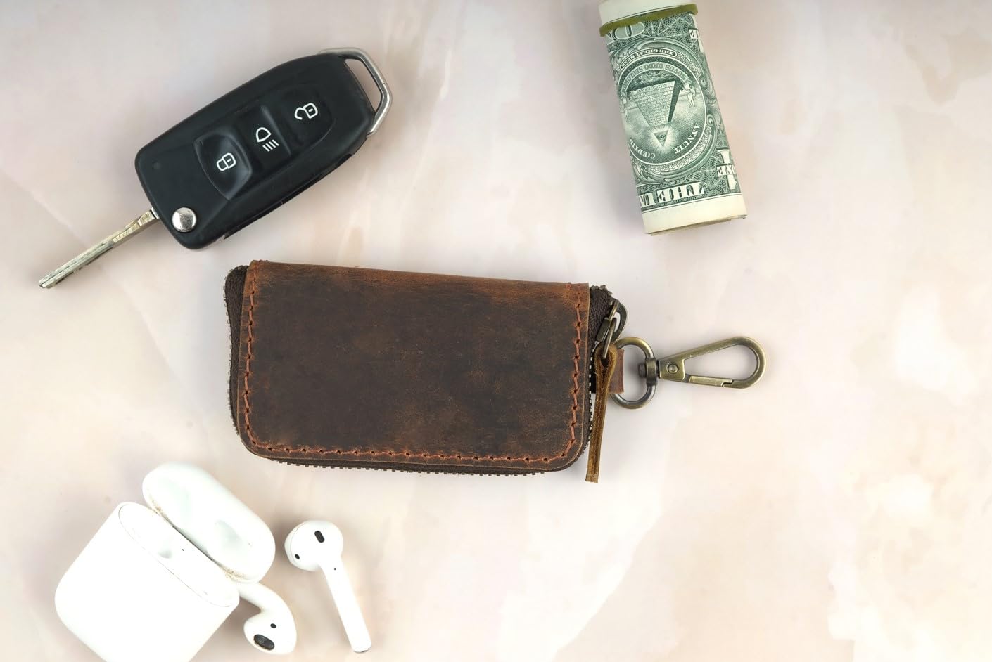 Handmade Full Grain Leather Car Key Holder & Zippered Coin Purse | Belt Loop Key Chain, Compact Earphone Holder, Multi-Functional Money Purse, Elegant Leather Accessory, Versatile Key Organizer
