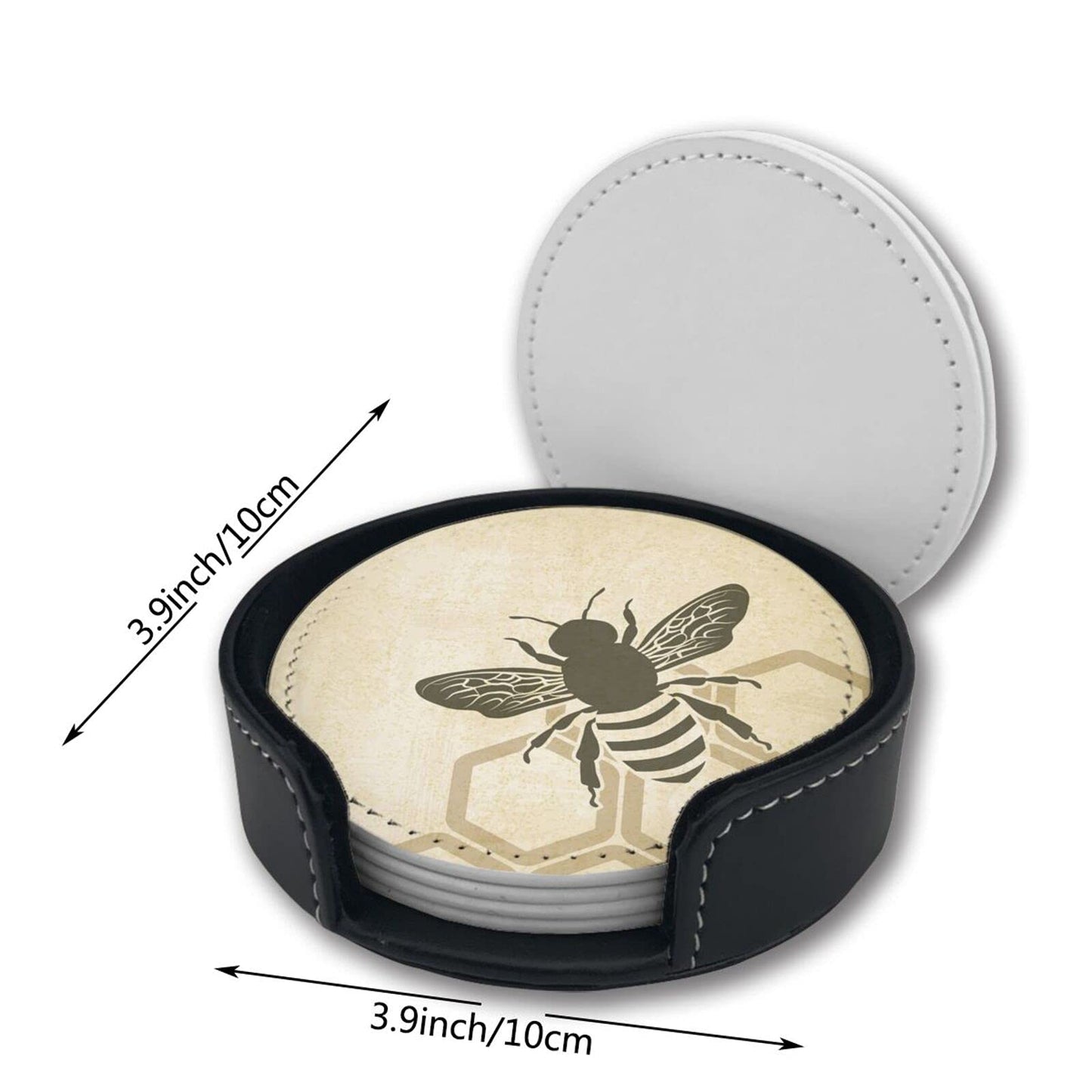 Vintage Bee Leather Drinks Coasters with Holder Set of 6, Suitable for Kinds of Cups
