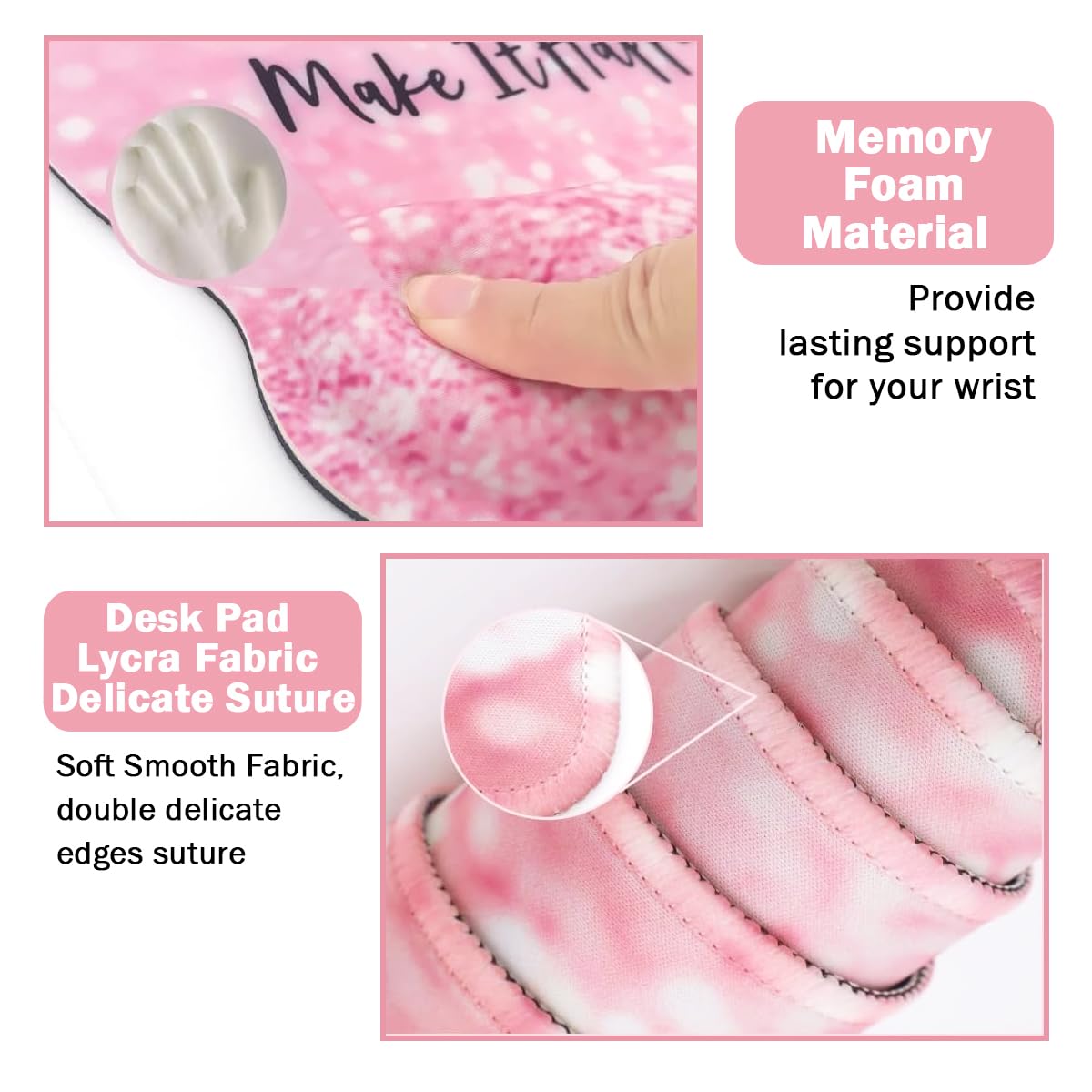 4-in-1 Gaming Mouse Pad Wrist Support Set，Desk Pad + Mouse Pad with Wrist Rest + Keyboard Wrist Rest + Coaster, Ergonomic Design for Home Office Study Game - Pink Stay Positive