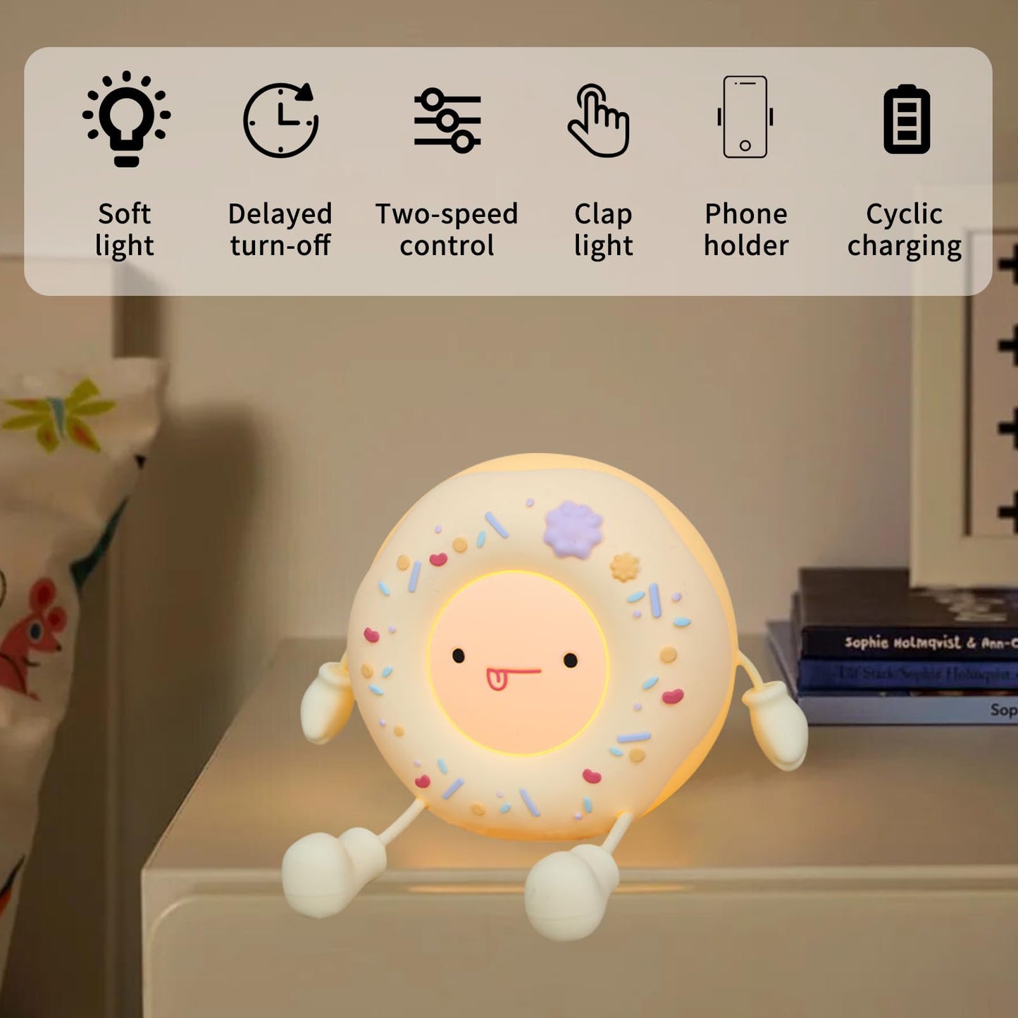 HPYDIY Cute Donut Lamp - Donut Dessert Night Light, Silicone Kids Night Light, Rechargeable Adjustable, Contact Switch and Room Decor Gift（White）