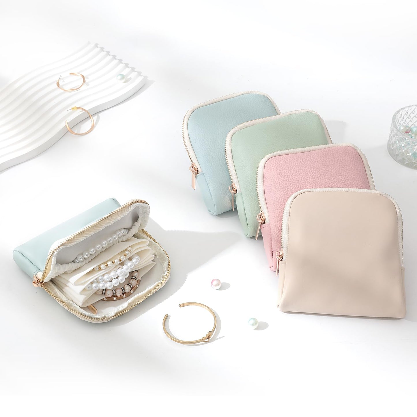 NGVRC Genuine Leather Travel Jewelry Organizer Case Pouch Bags with Zipper, Small Mini Portable Jewelry Storage Bag for Ring Earrings Necklace Bracelet Travel Essentials Gift for Women（Cyan）