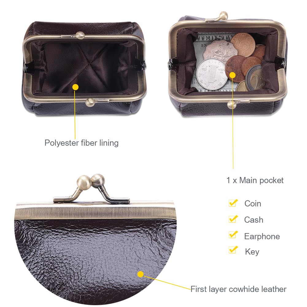 ZZHAOYI Genuine Leather Coin Purse for Women Small Kiss Lock Change Purse Clasp Coin Coin Holder Pouch Cute Wallet (Coffee)