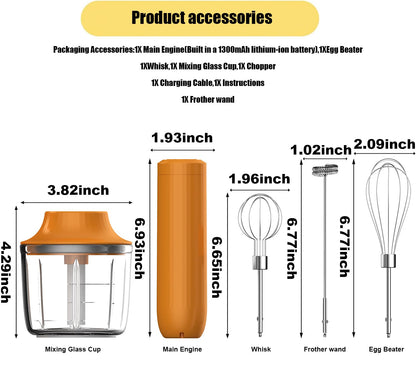 4-in-1 Electric Hand Mixer, Electric Whisk, Mini Onion Chopper 10Oz, Small Cordless Hand Blender, Milk Frother Wand for Coffee, Matcha, 4 Speed Rechargeable Food Processor for Baby Food Maker