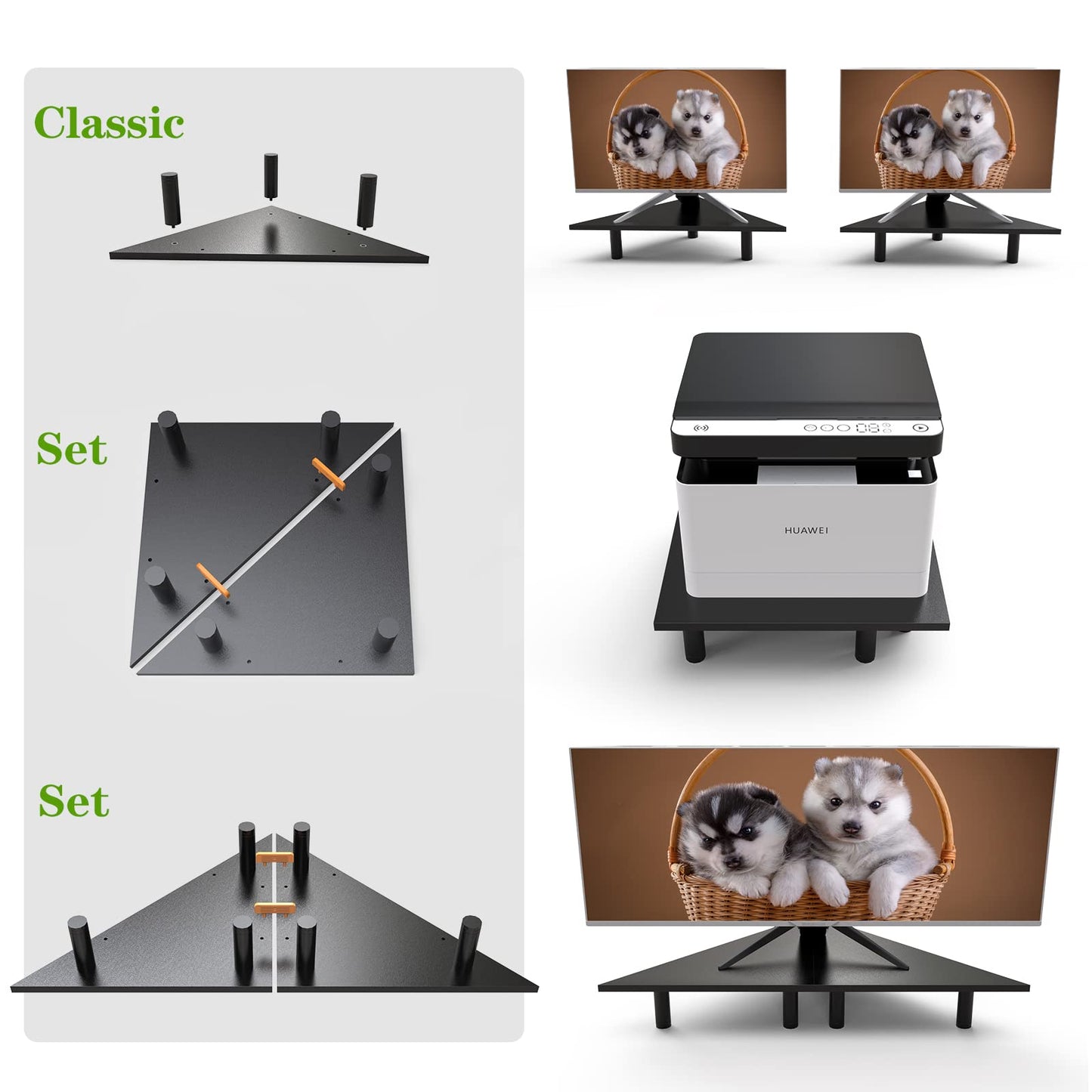 WEGASTU 2 Pack White Corner Monitor Stand, Triangle/Square Adjustable Height Riser, 27-inch Universal Desktop Shelf for Computer, Laptop, PC, iMac, Printer (Black)