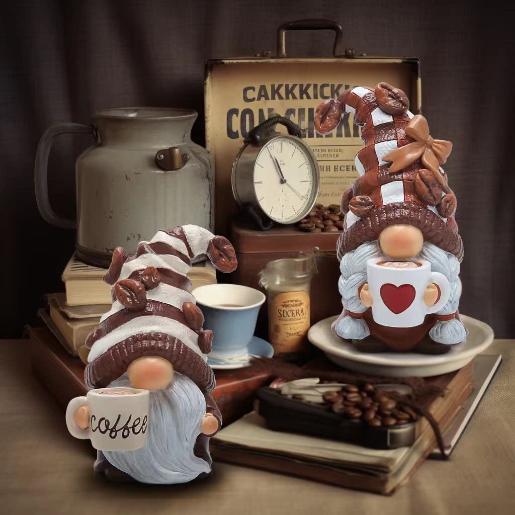 Hodao Gnome Decor Set of 2 Resin Coffee Lover Gifts with Mug, Cute Tiered Tray Figurines for Kitchen Shelf, Farmhouse Countertop, Desktop Accent, Spring Home Display