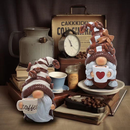 Hodao Gnome Decor Set of 2 Resin Coffee Lover Gifts with Mug, Cute Tiered Tray Figurines for Kitchen Shelf, Farmhouse Countertop, Desktop Accent, Spring Home Display