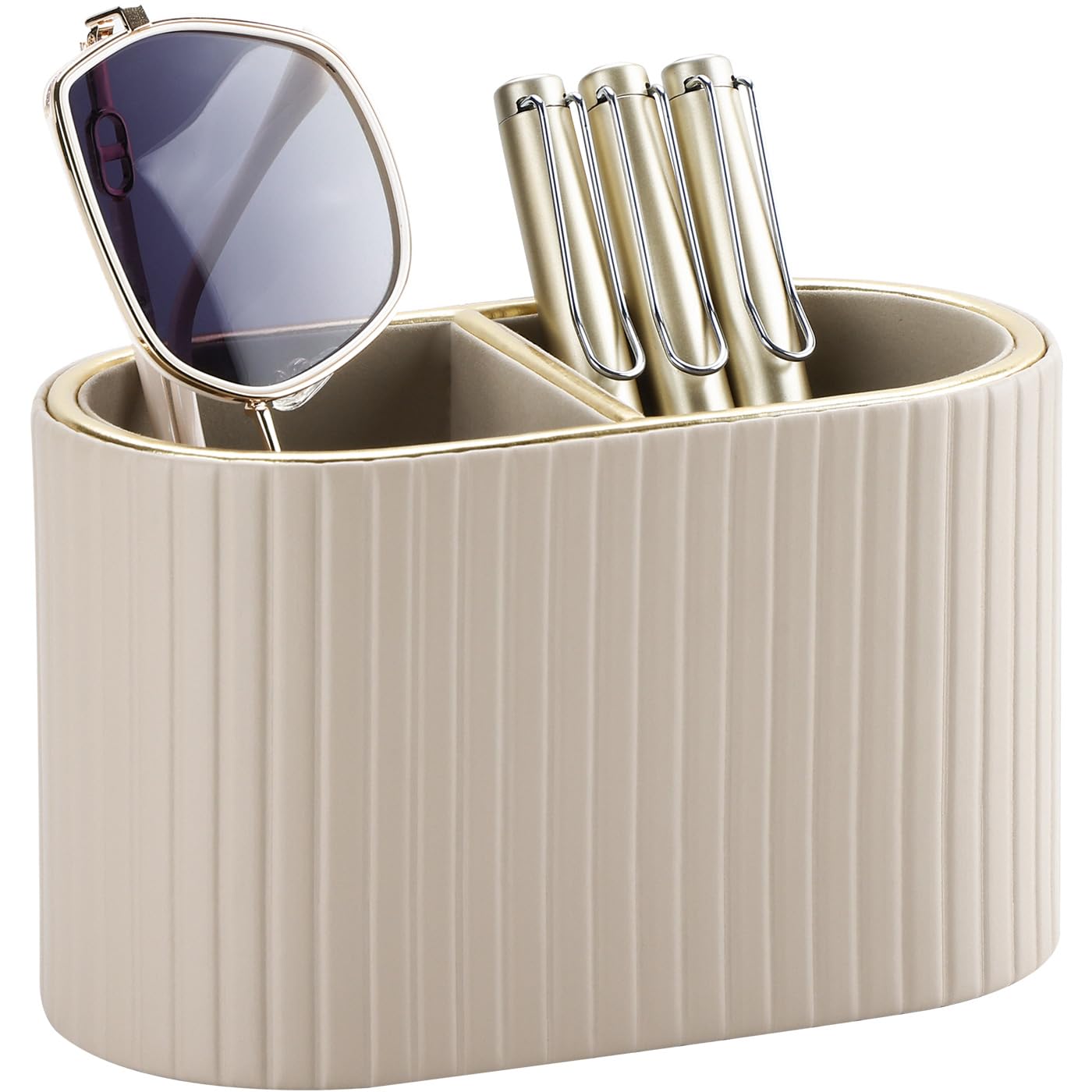 KINGFOM PU Leather Desk Organizer Pen Holder – Dual-Compartment Stylish Pencil Cup Remote Control Holder Desktop Supplies and Accessories Organizer Caddy for Office Home School (Mocha Beige)