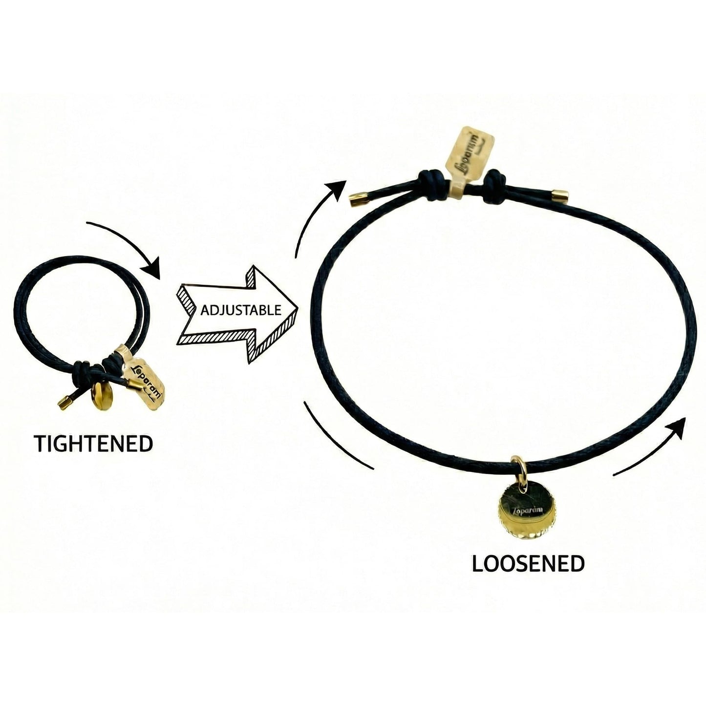 Leporem Minimalist Wristband Black Cord with Blank Round Pendant Elegant Dark Jewelry for Date Night, 6.1-7.9 Inch (Black, 18K Gold Plated)