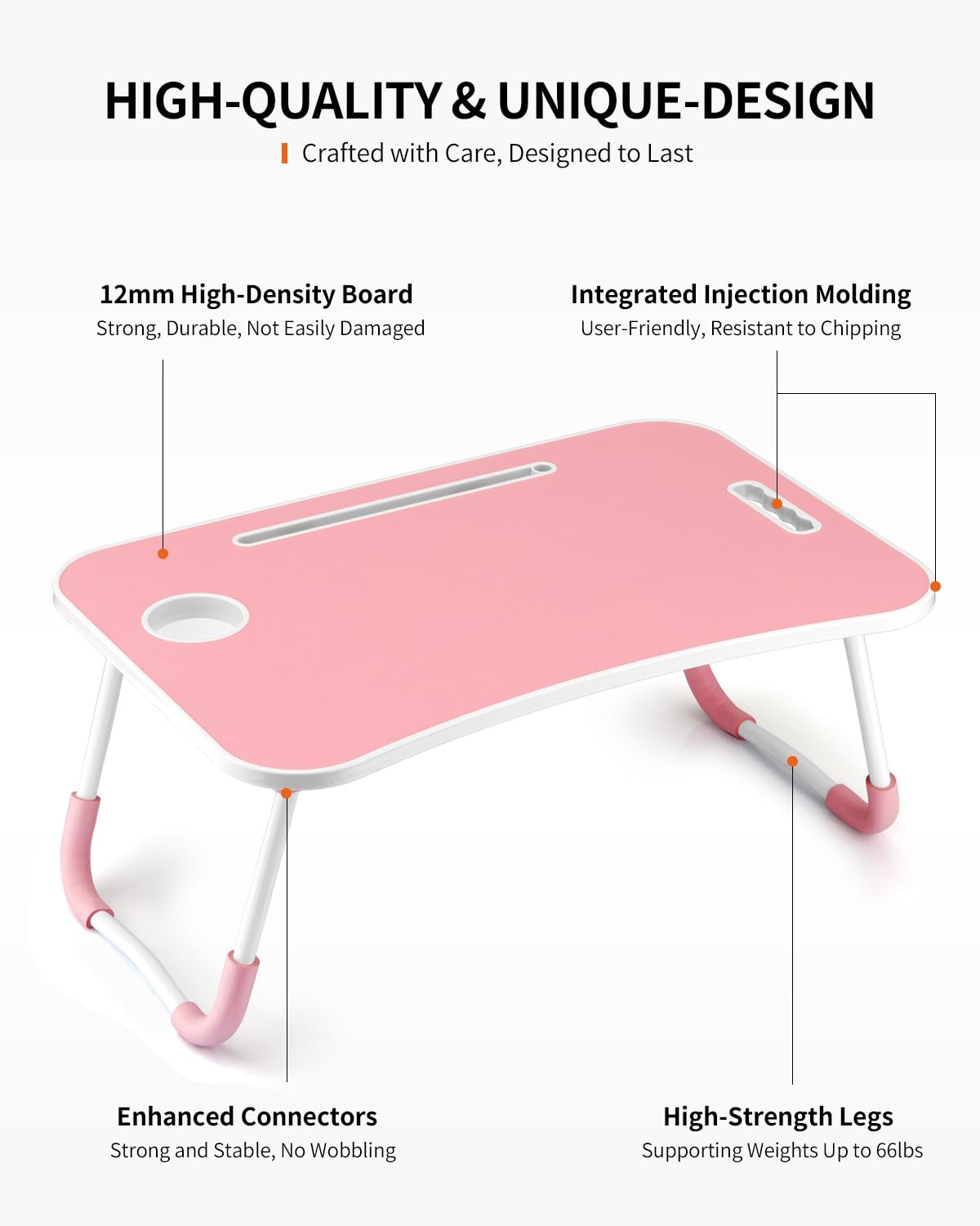 FISYOD Foldable Laptop Table, Portable Lap Desk Bed Table Tray, Laptop Stand with Cup Holder & Tablet Slot & Lifting Handle for Working Writing Drawing & Eating (Pink)