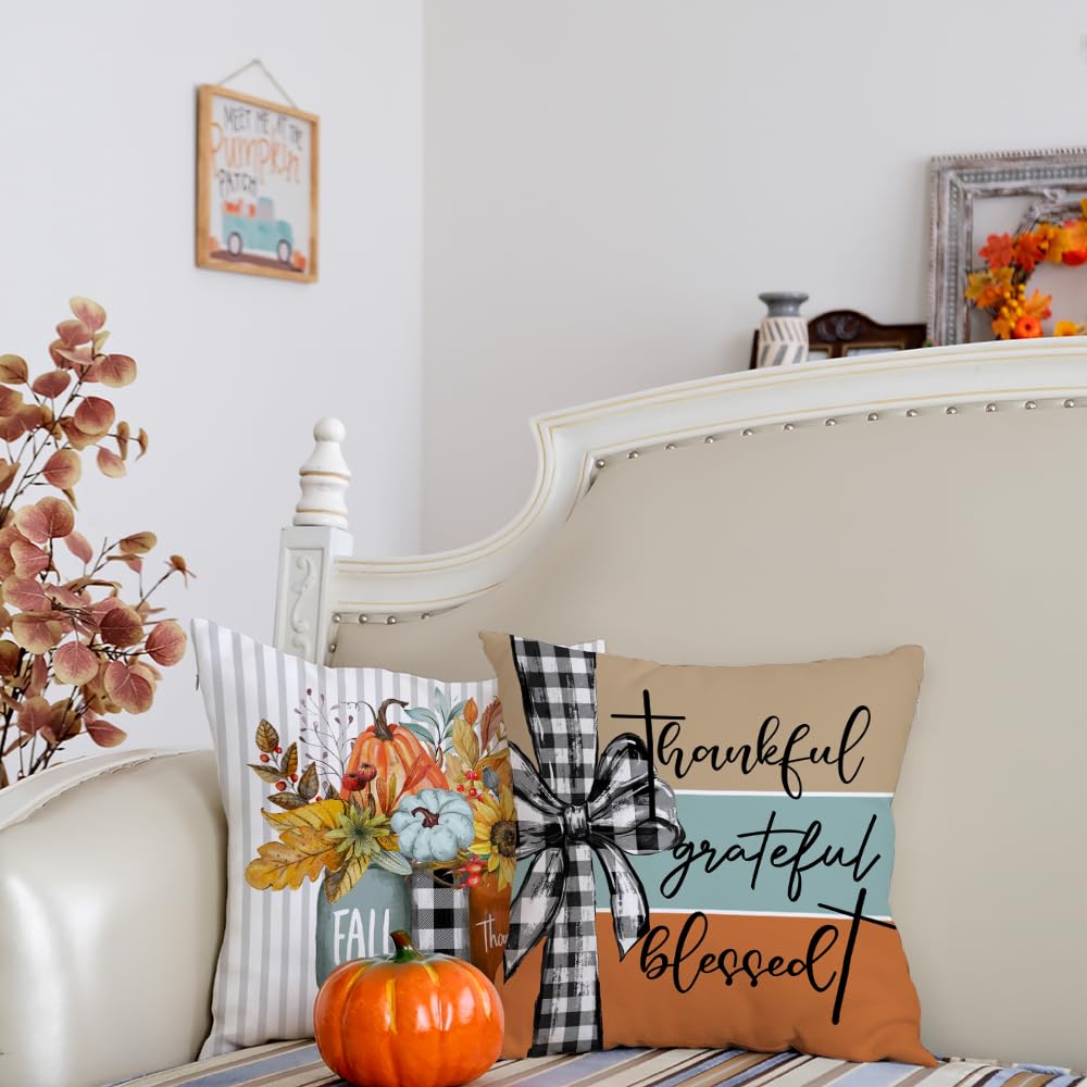 GEEORY Fall Blue Pumpkin Sunflower Buffalo Plaid Pillow Covers 18x18 Set 4