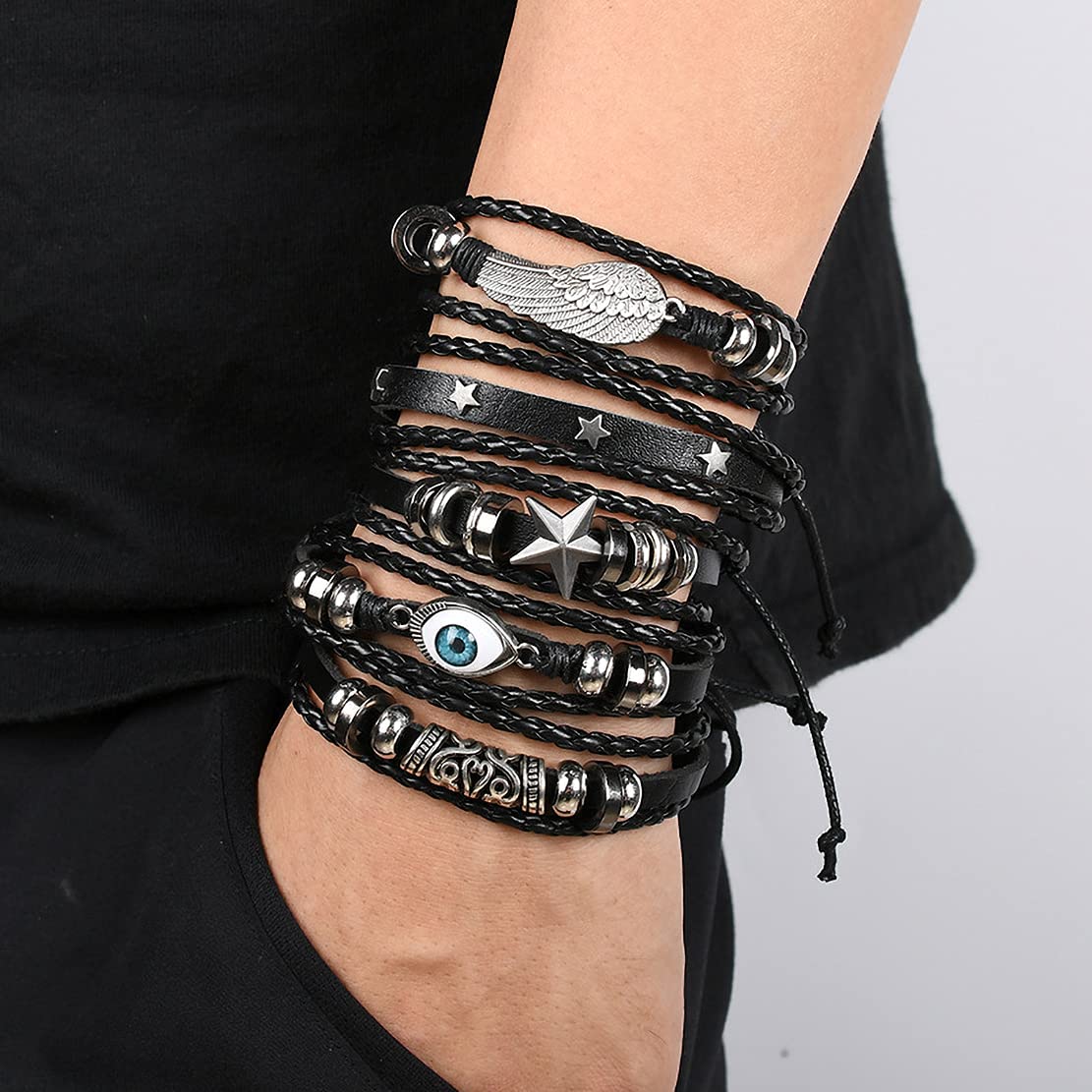 WAINIS 6 Pack Mens Black Leather Bracelets Set for Men Stackable Braided Cuff Bracelet Tribal Punk Rock Handmade Wristband
