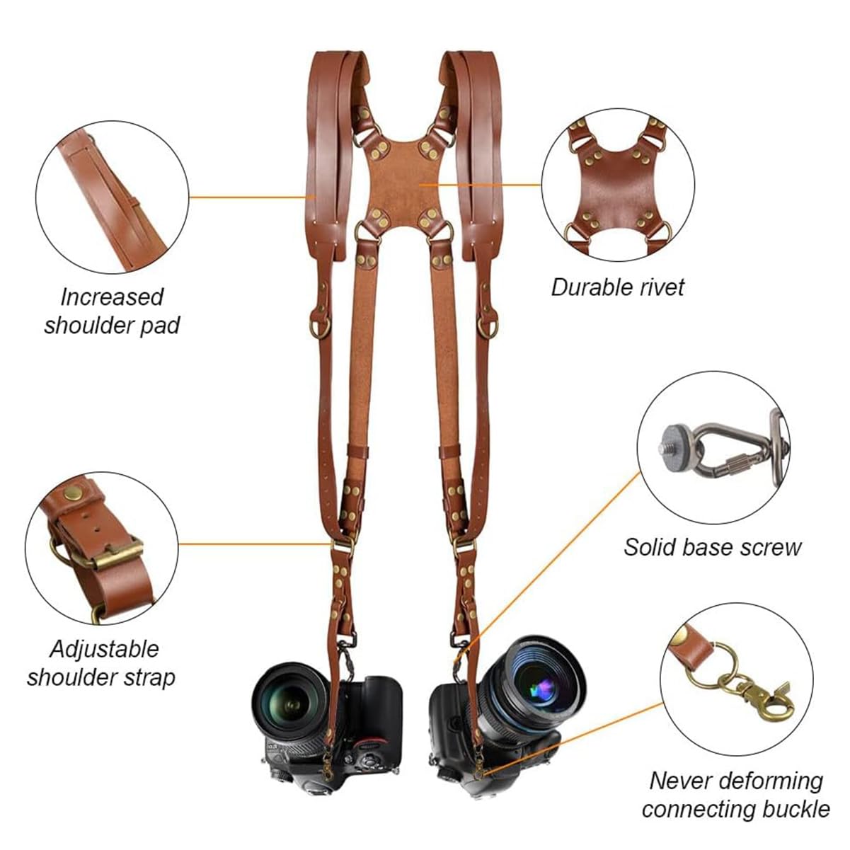 TROUVAILLE Camera Shoulder Strap, Dual Shoulder Leather Harness, Adjustable Leather Rivet Double Harness Shoulder Strap Accessory for DSLR/SLR, Brown