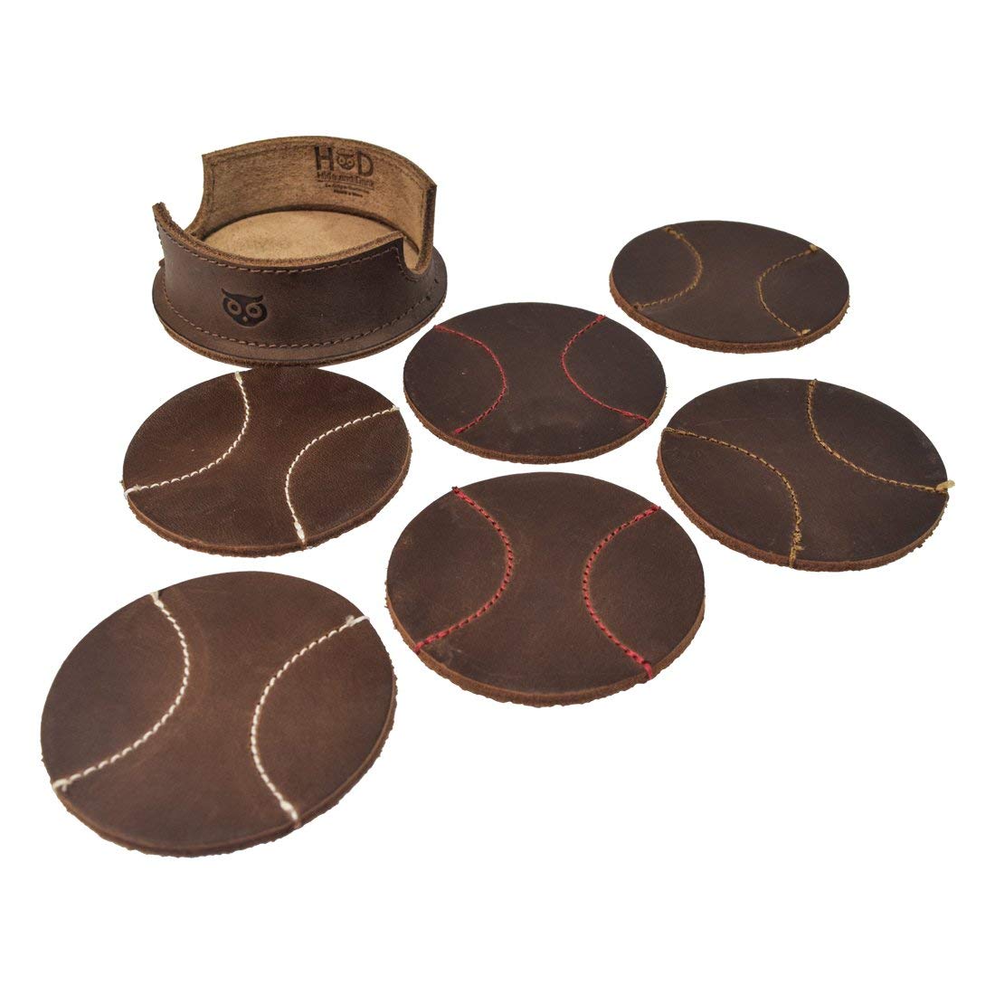 Durable Thick Leather Baseball Coasters (6-Pack) Handmade by Hide & Drink (Bourbon Brown)
