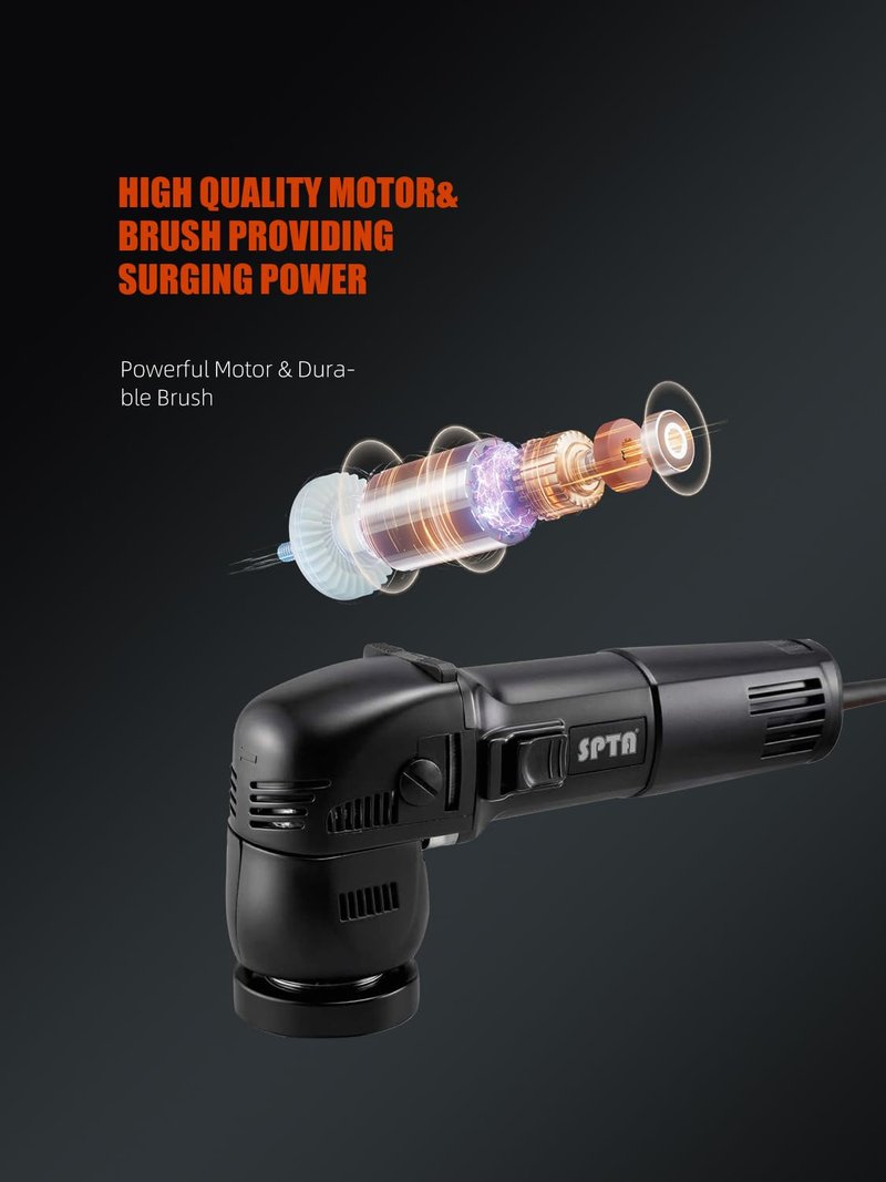 SPTA Mini Orbital Polisher - 3 Inch 10mm/780W Variable Speed Dual Action With Polishing Pads, Sanding Discs, Pad Conditioning Brush