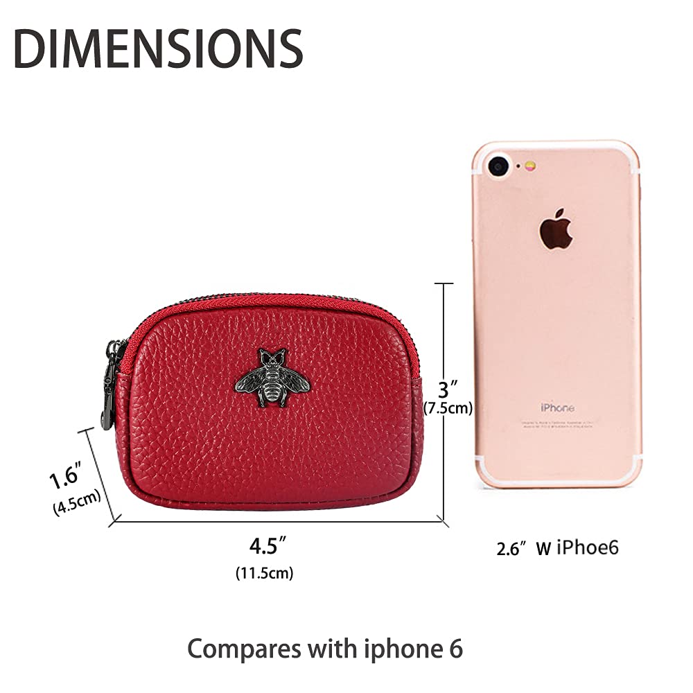 Yocipa Genuine Leather Coin Purse for Women Small Double Zipper Wallet Mini Change Pouch with Bee Charm for Cash Cards Keys Cute Compact Organizer (Wine Red)