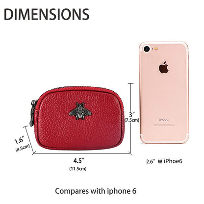 Yocipa Genuine Leather Coin Purse for Women Small Double Zipper Wallet Mini Change Pouch with Bee Charm for Cash Cards Keys Cute Compact Organizer (Wine Red)