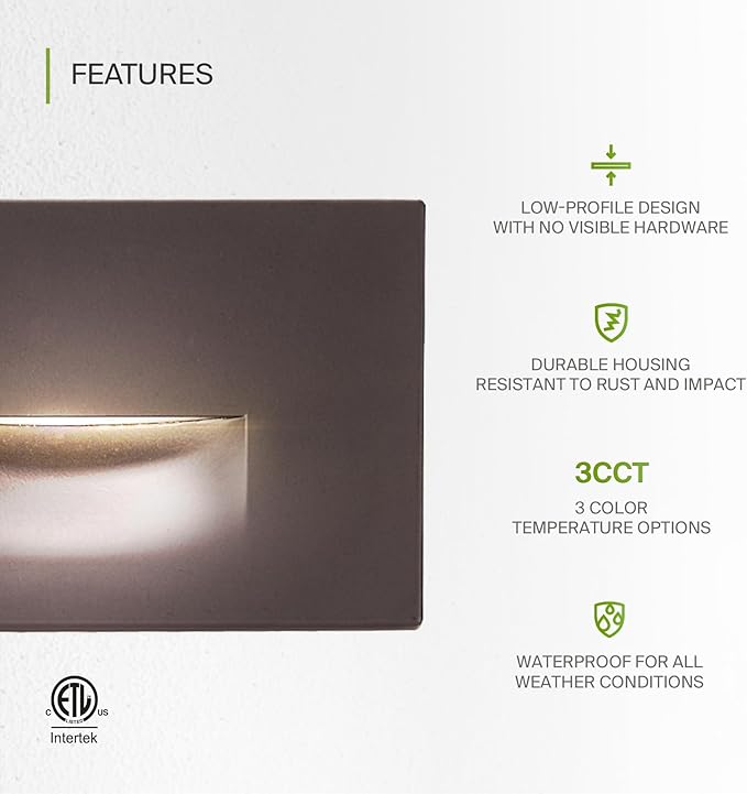 ASD LED Recessed Step Light Fixture, Outdoor & Indoor Tread Lighting | 3CCT, Dimmable, Waterproof, ETL Listed | 3W 120LM 3000K-5000K 120V | Staircase Hardwired Illumination | Dark Bronze, 12 Pack