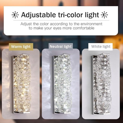 Modern Silver Crystal Wall Sconce, Adjustable Color Temperature LED Glass Wall Light, Luxurious Indoor Wall Mount Light Fixture for Bedroom Living Room Corridor Entrance Lighting