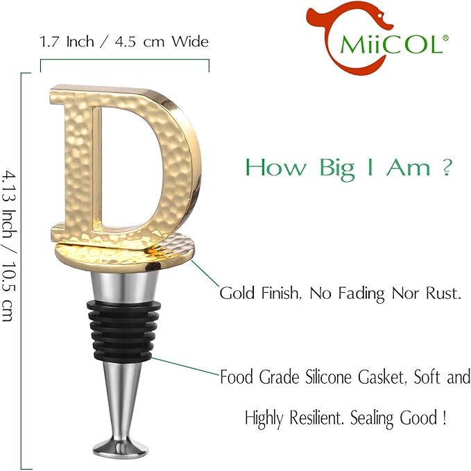 Miicol Wine Stopper, Prosecco Topper, Personalised Champagne Stopper, Gold Wine Accessories, Wine Lovers Gift, Monogram Gift, Letter D