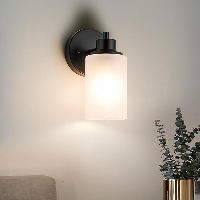 2-Pack Farmhouse Wall Sconces Light Black Bath Vanity Light Fixtures White Frosted Glass Shade Modern Wall Mounted Lighting Vintage