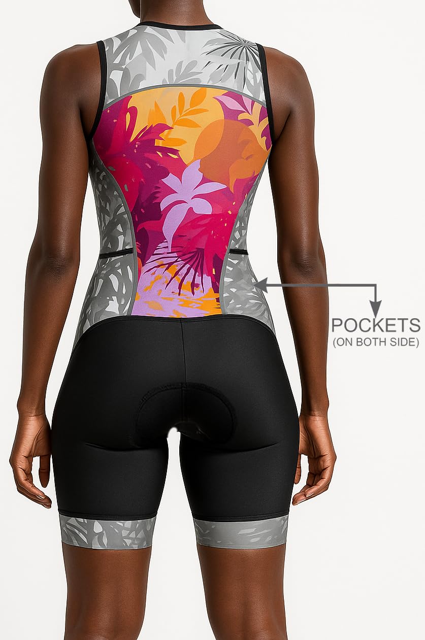 WIXEN Women's Triathlon Suit Sleeveless Tri Suit Padded Cycle Race Swim Bike Run Trisuit Back Pockets (Multi Leafs, L)