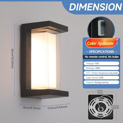 Outdoor Porch Light,15%-100% Dimmable Indoor Wall Light Fixtures,3000K/4000K/6500K Adjustable,24W Exterior Wall Lighting,Waterproof Outdoor Modern Wall Sconce Lights,2160LM Indoor Wall Sconce 2 Pack