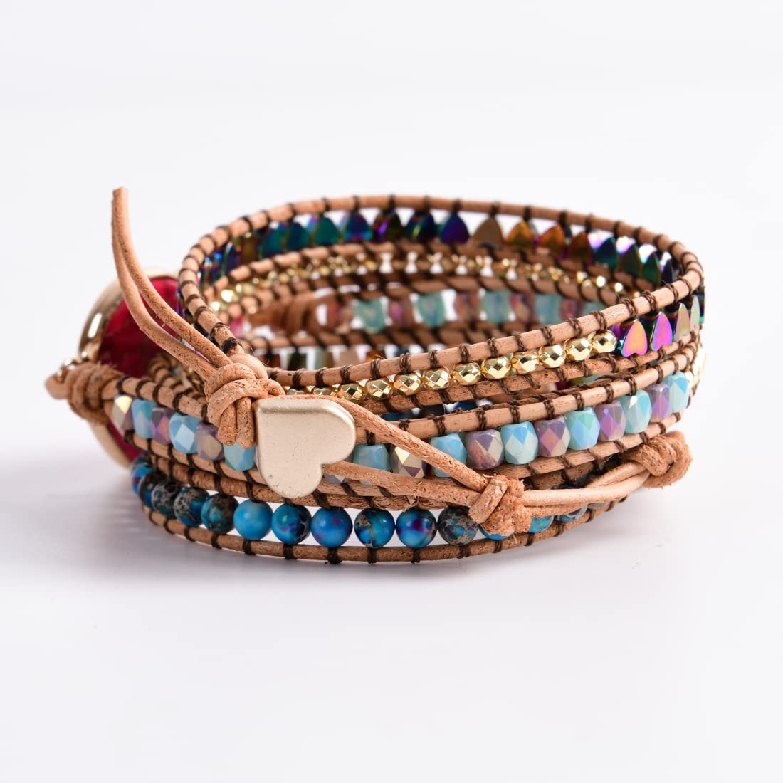 YGLINE 5 Wrap Leather Bead Bracelet for Men Women Cuff Rope Adjustable Handmade Yoga Healing Stone Beads Bracelet