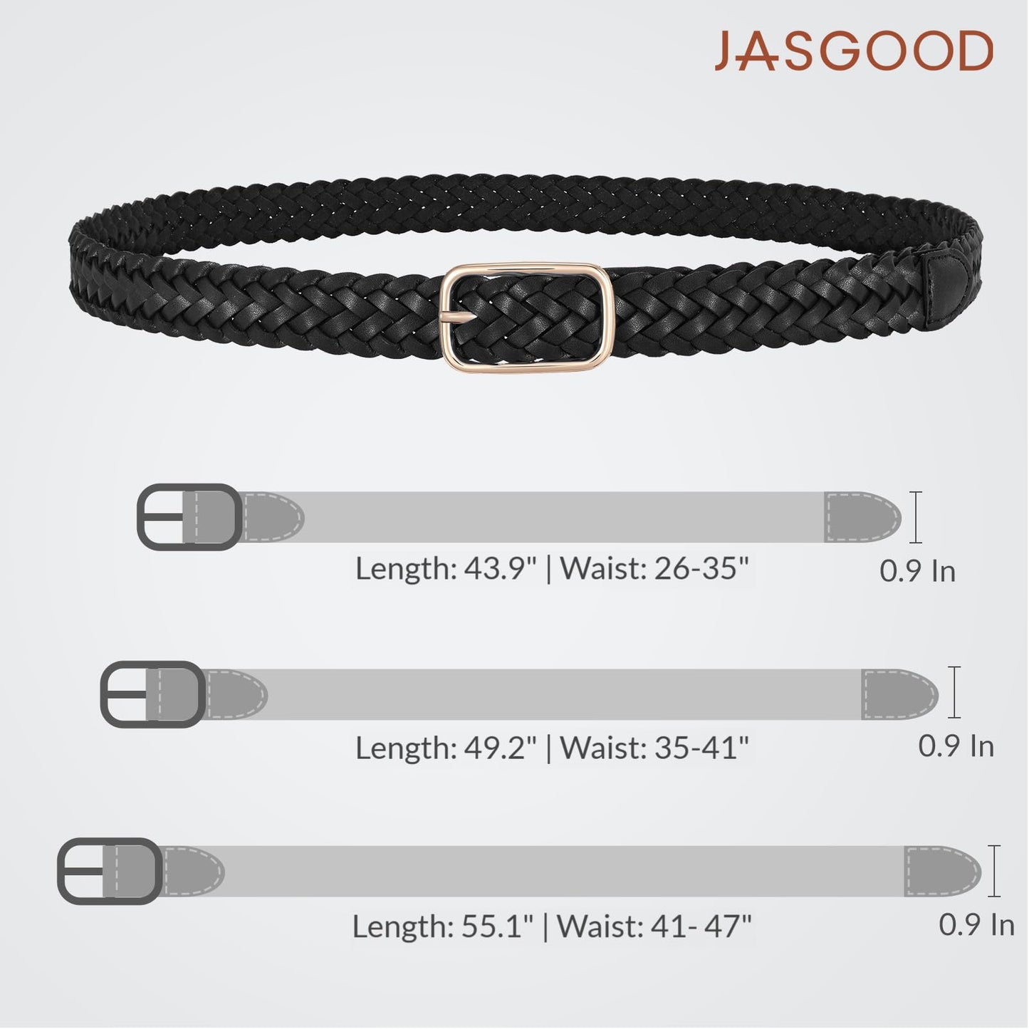 JASGOOD Women Braided Leather Belt Adjustable Plus Size Waist Belt Woven Fashion Casual Belt for Jeans Pants Dresses with Gold Buckle, Black