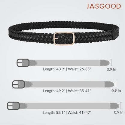 JASGOOD Women Braided Leather Belt Adjustable Plus Size Waist Belt Woven Fashion Casual Belt for Jeans Pants Dresses with Gold Buckle, Black